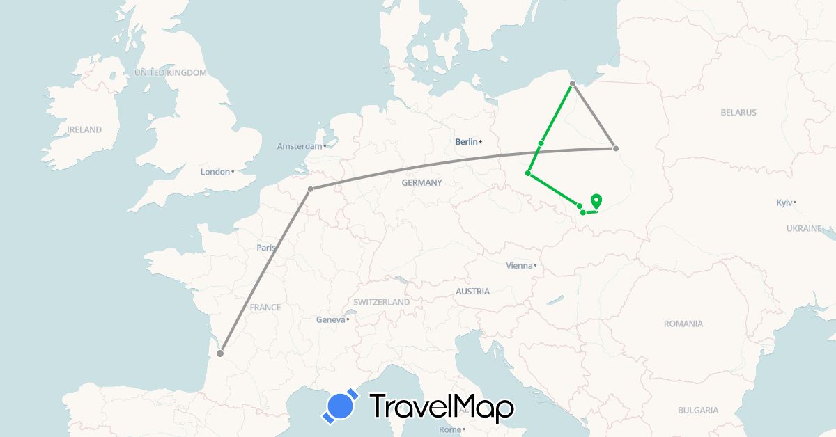 TravelMap itinerary: driving, bus, plane in Belgium, France, Poland (Europe)